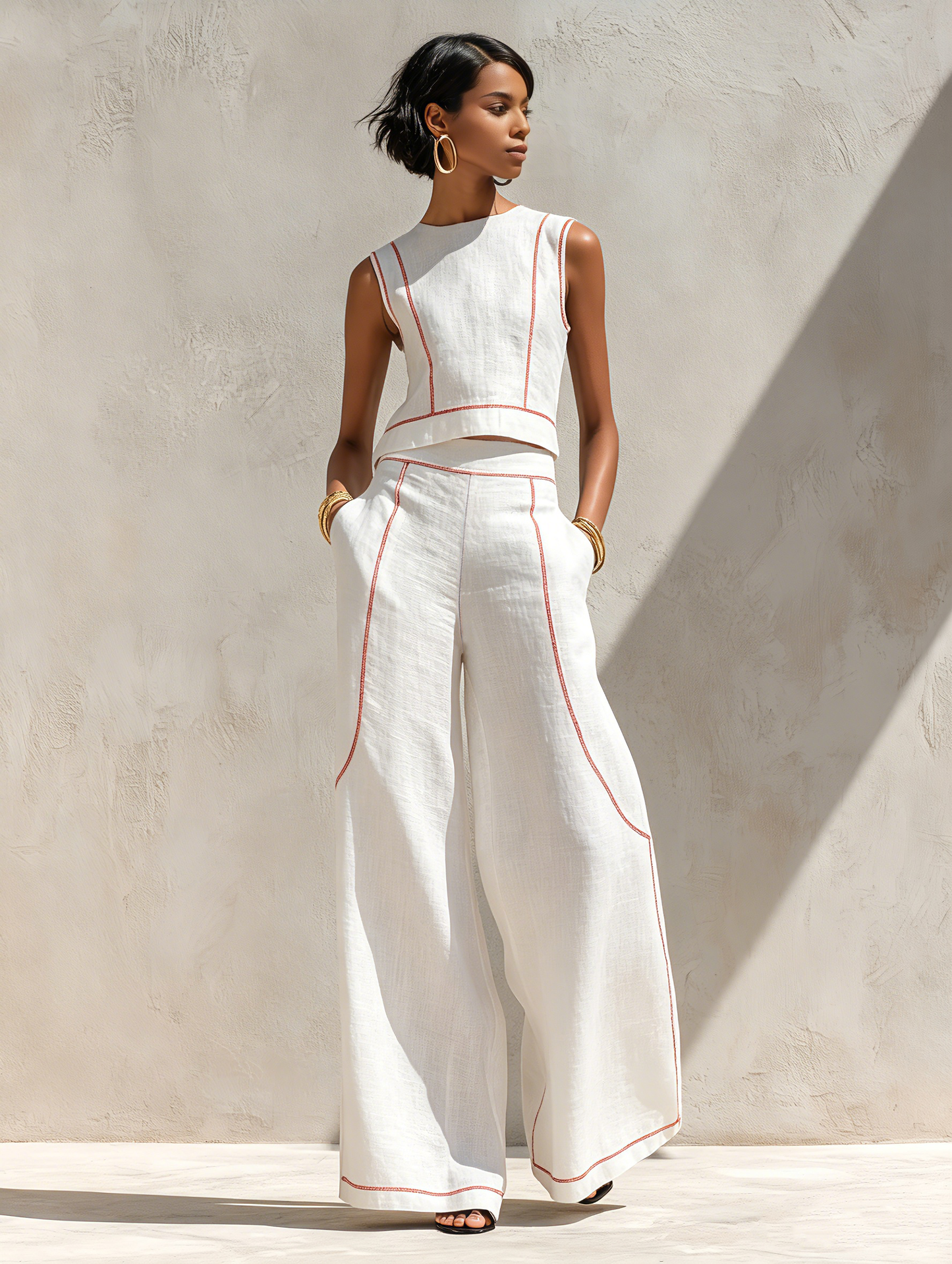 Conjunto de pantalones de mezcla de lino con costuras en contraste