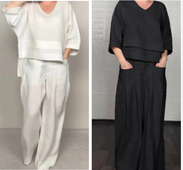 💎 Conjunto de dos piezas de algodón y lino con dobladillo irregular: top con cuello en V + pantalones anchos, transpirables y con un estilo desenfadado 🍂👚