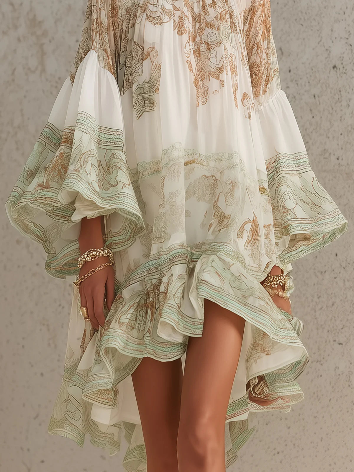 Minivestido de muselina verde estampada con mangas con volantes y bajo con volantes