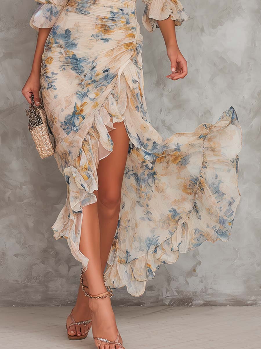 Vestido largo beige con cuello vuelto, estampado floral y efecto pintura al óleo irregular