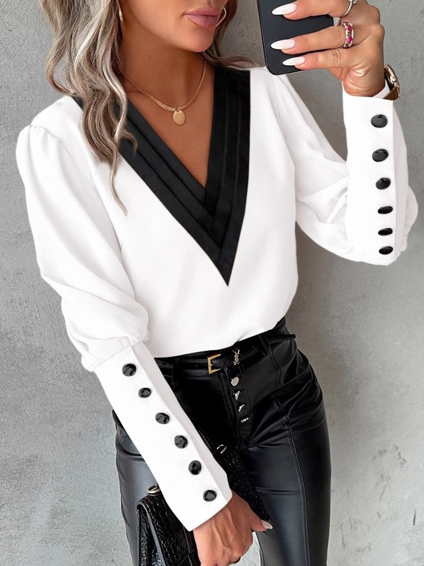 Camisa de manga larga con cuello en V y botones, de color liso, para el otoño.