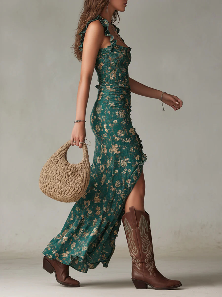 Vestido largo verde de estilo bohemio estampado con mangas con volantes