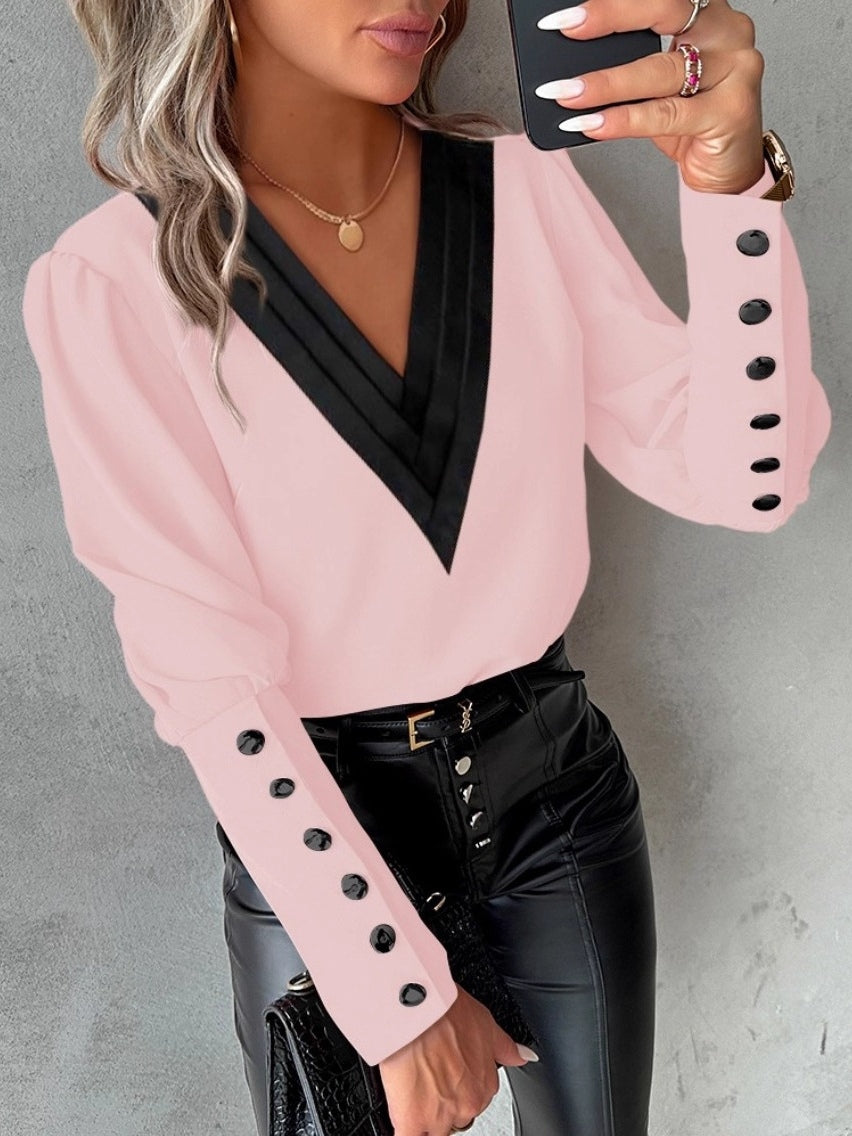 Camisa de manga larga con cuello en V y botones, de color liso, para el otoño.