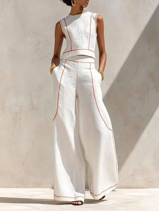 Conjunto de pantalones de mezcla de lino con costuras en contraste