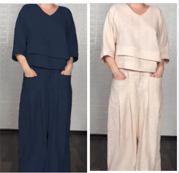 💎 Conjunto de dos piezas de algodón y lino con dobladillo irregular: top con cuello en V + pantalones anchos, transpirables y con un estilo desenfadado 🍂👚