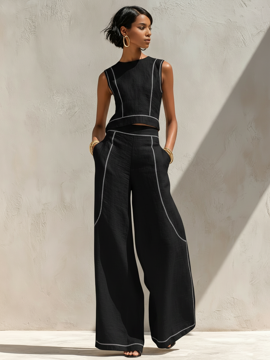 Conjunto de pantalones de mezcla de lino con costuras en contraste