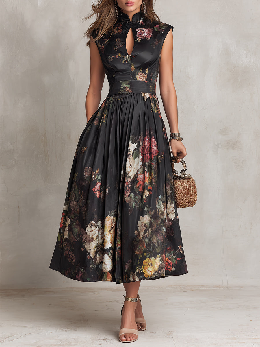 Vestido midi negro de satén con escote en forma de llave, estampado floral y plisado