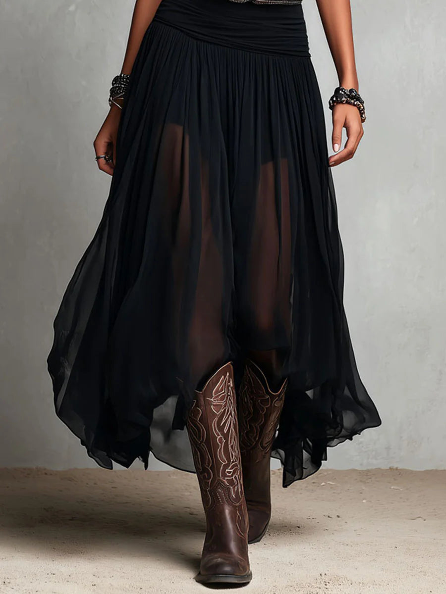 Vestido largo negro con top tipo sujetador sin mangas y falda de tul (con cinturón)