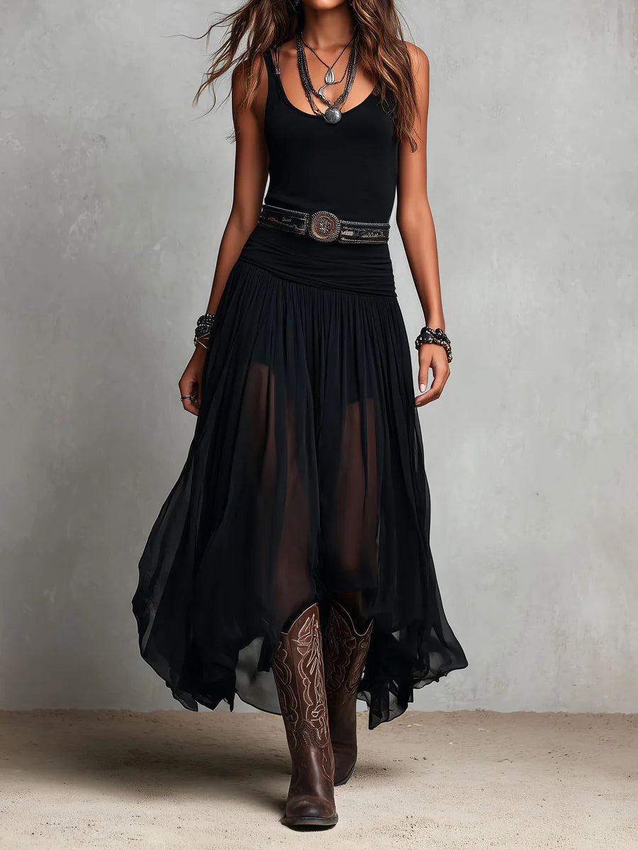 Vestido largo negro con top tipo sujetador sin mangas y falda de tul (con cinturón)