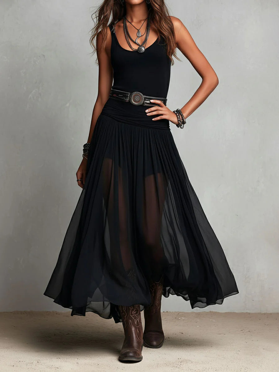 Vestido largo negro con top tipo sujetador sin mangas y falda de tul (con cinturón)