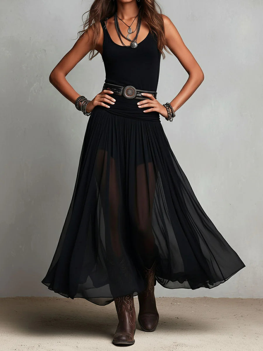 Vestido largo negro con top tipo sujetador sin mangas y falda de tul (con cinturón)