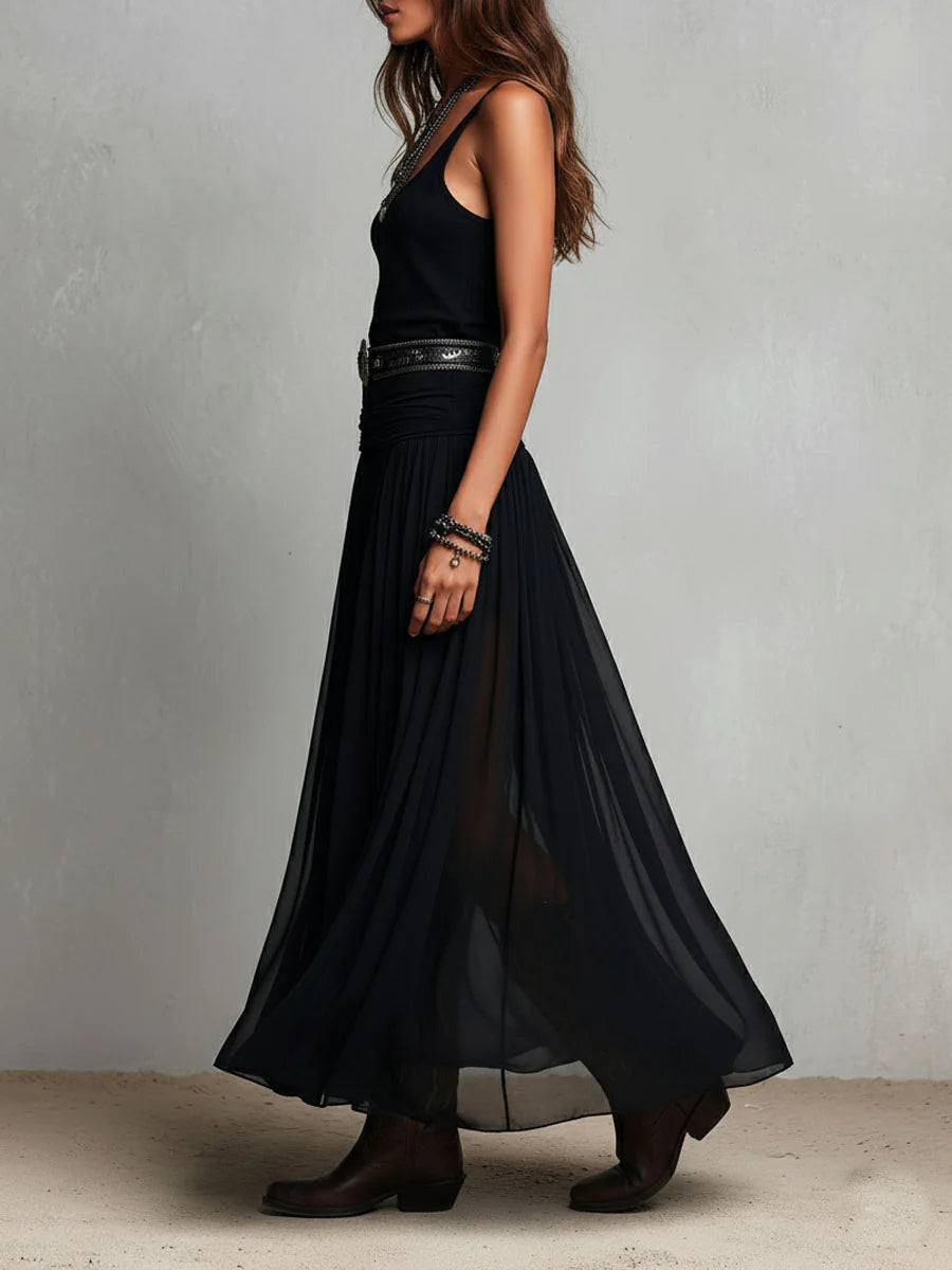 Vestido largo negro con top tipo sujetador sin mangas y falda de tul (con cinturón)