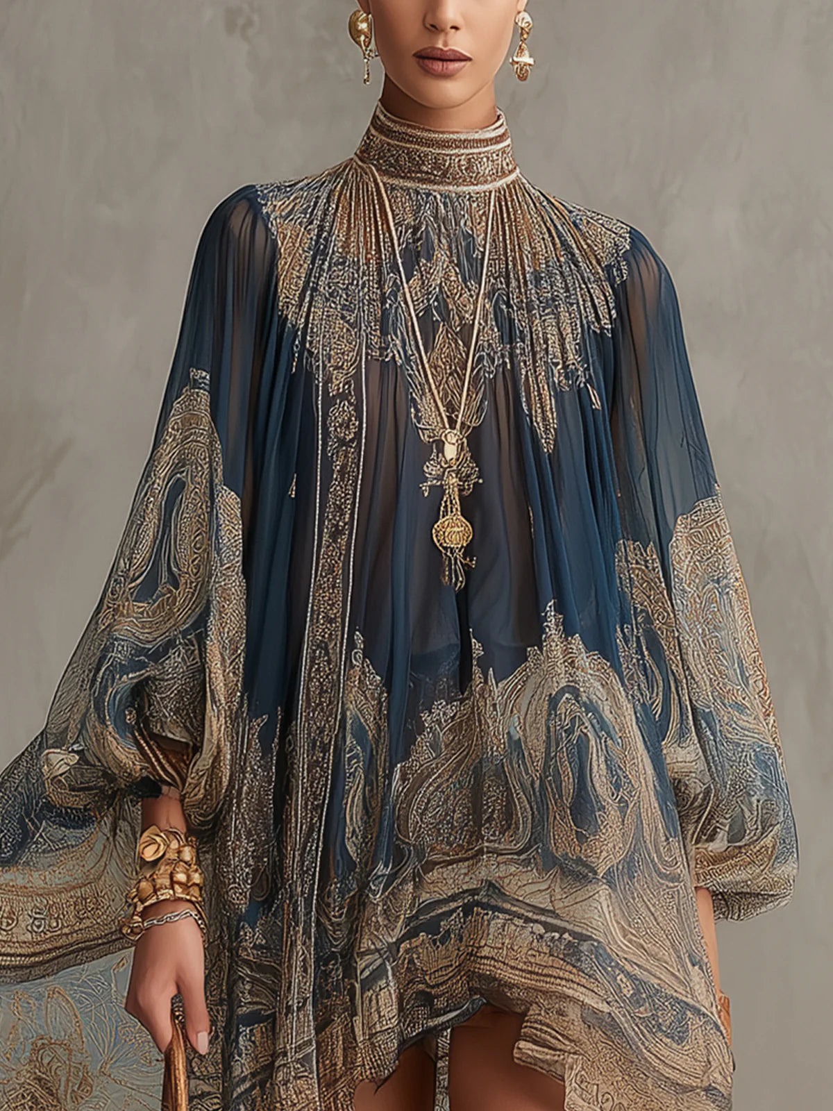 Minivestido azul marino de muselina con estampado barroco, cuello alto y corte irregular