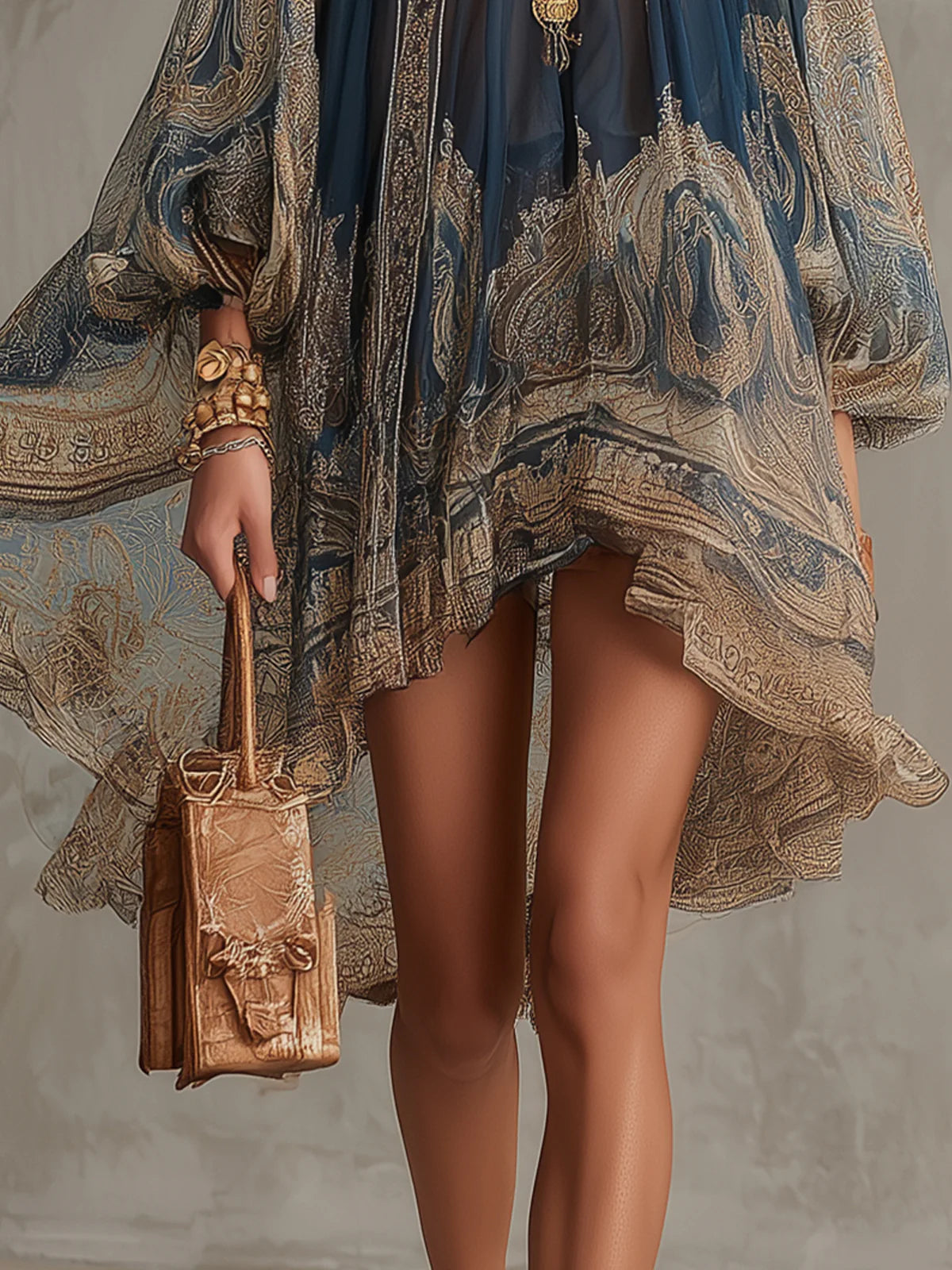 Minivestido azul marino de muselina con estampado barroco, cuello alto y corte irregular