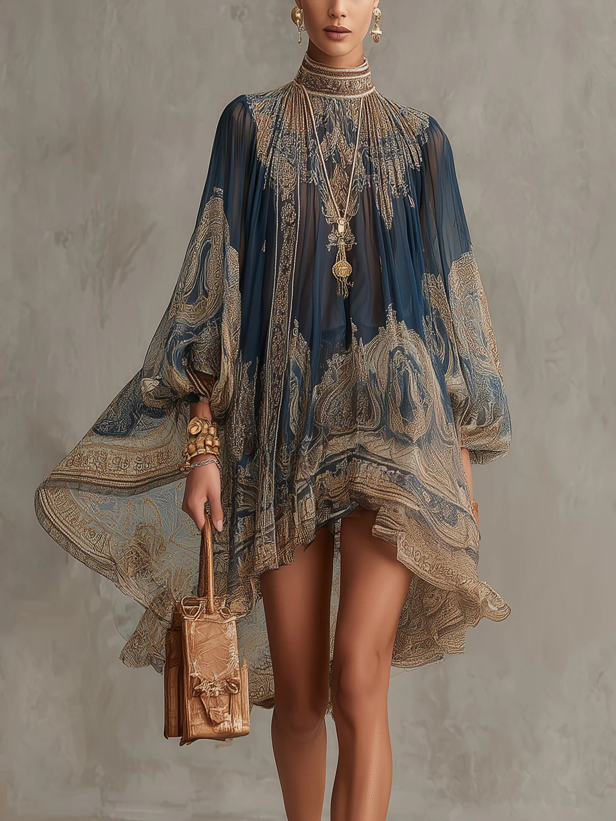 Minivestido azul marino de muselina con estampado barroco, cuello alto y corte irregular