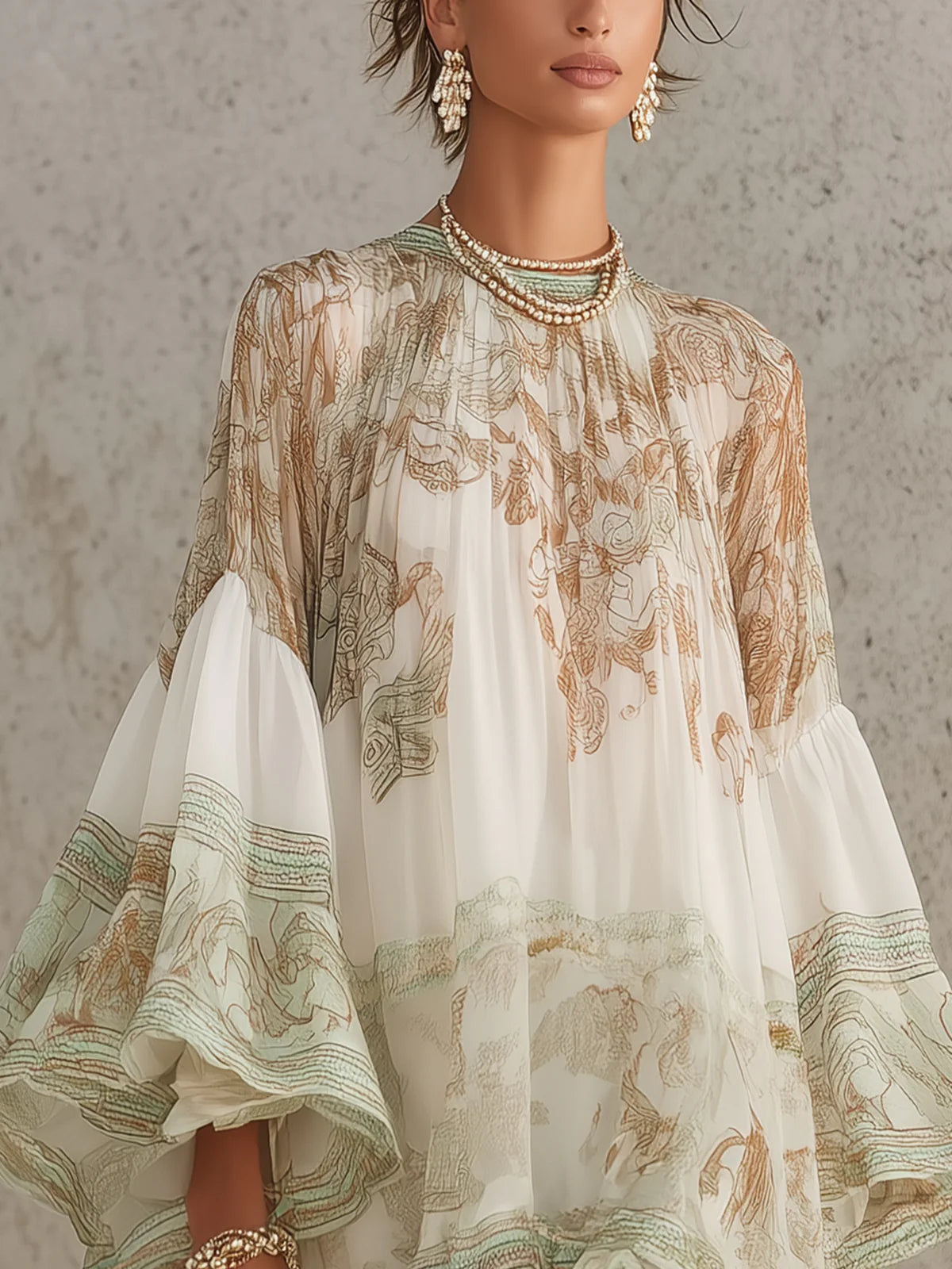 Minivestido de muselina verde estampada con mangas con volantes y bajo con volantes
