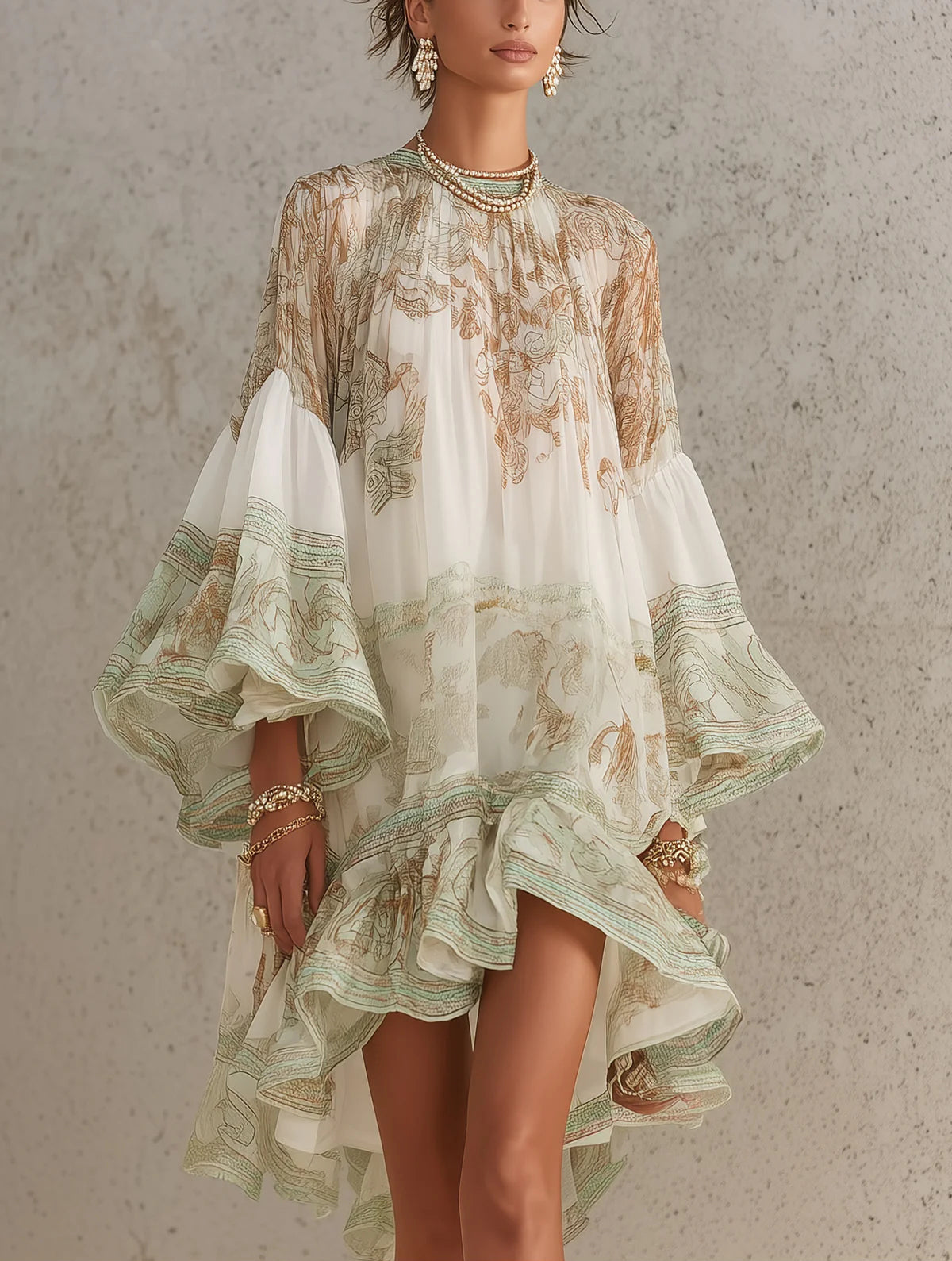 Minivestido de muselina verde estampada con mangas con volantes y bajo con volantes