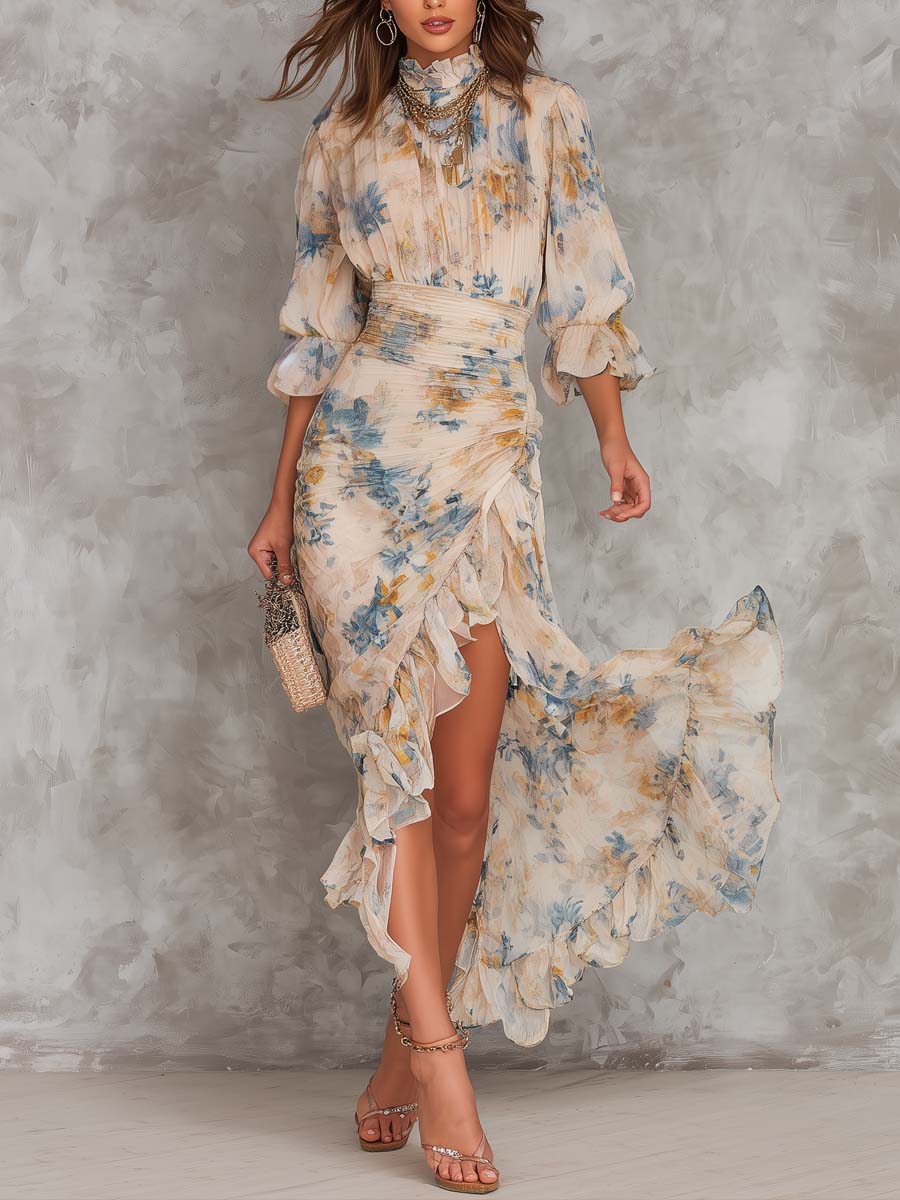 Vestido largo beige con cuello vuelto, estampado floral y efecto pintura al óleo irregular