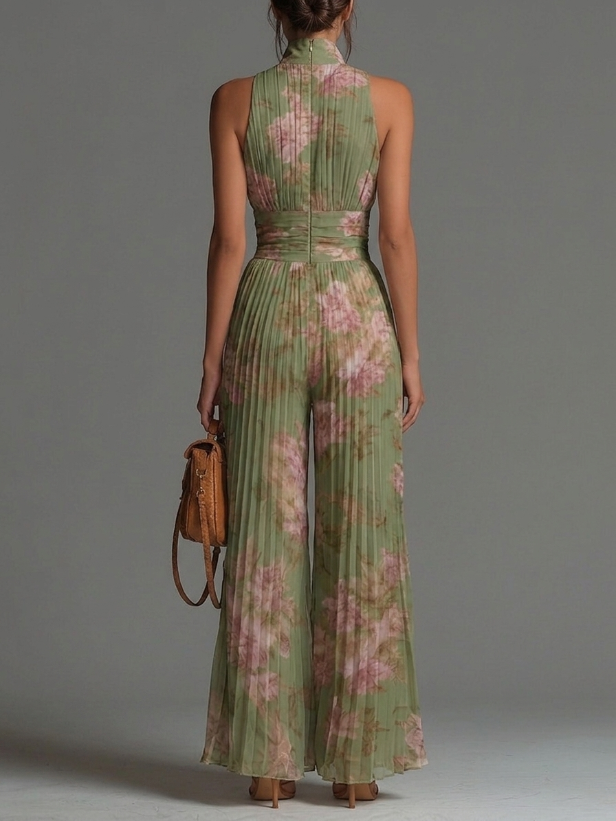Mono verde con estampado floral de muselina, cuello en V, sin mangas, perneras anchas y plisado