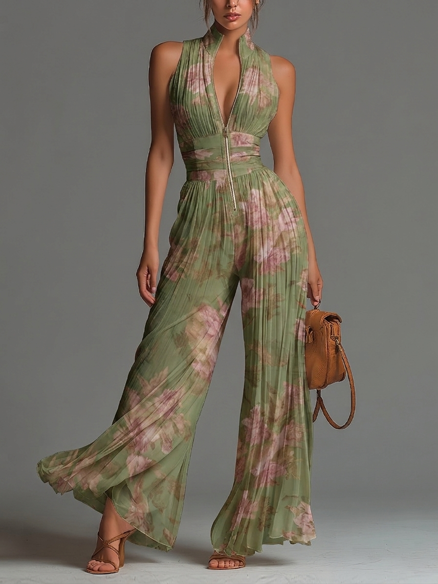 Mono verde con estampado floral de muselina, cuello en V, sin mangas, perneras anchas y plisado