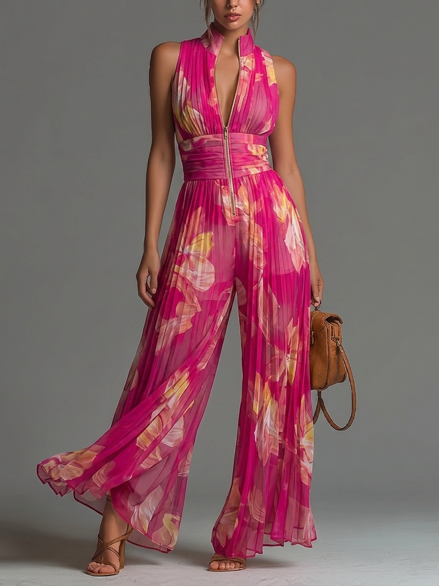 Mono fucsia con estampado floral, de muselina, sin mangas, con perneras anchas y plisado
