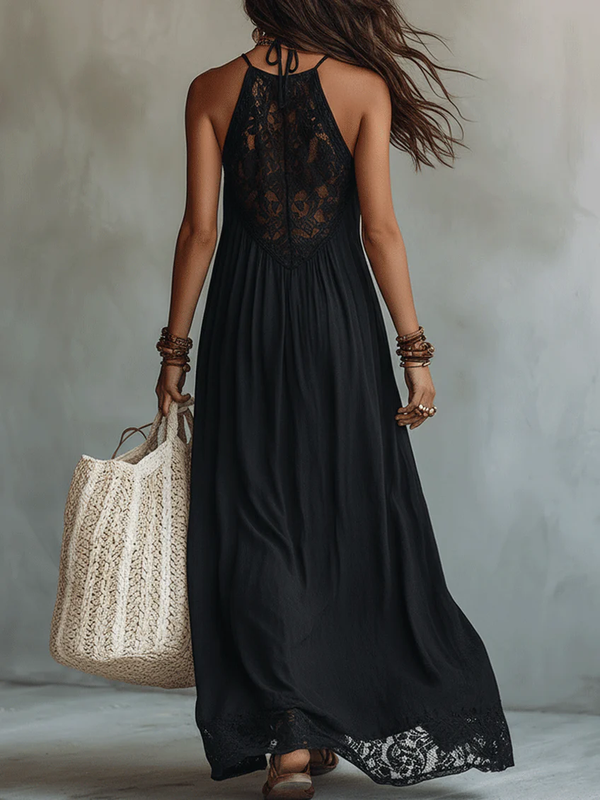 Vestido largo negro de estilo boho sin mangas con ribete de encaje