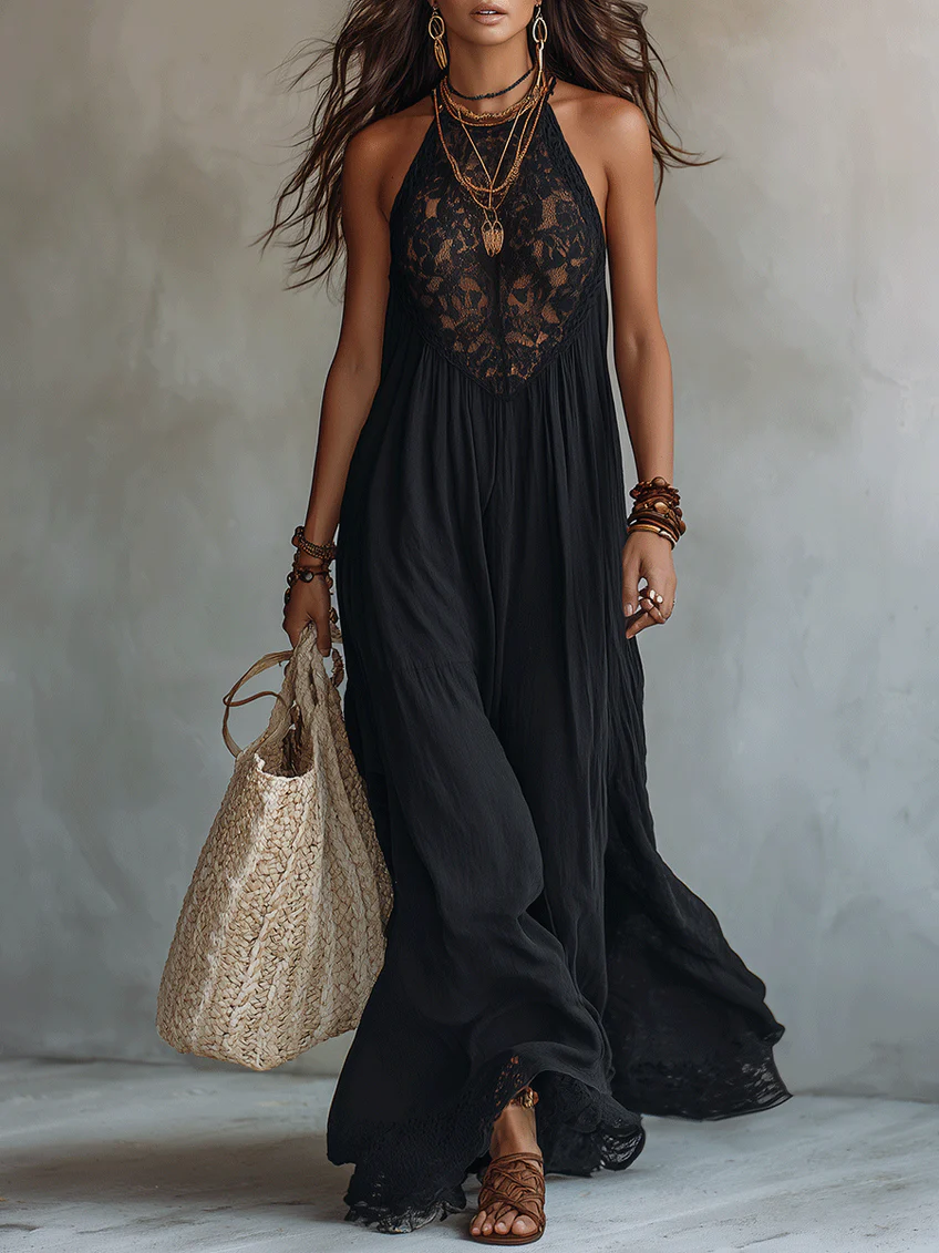 Vestido largo negro de estilo boho sin mangas con ribete de encaje