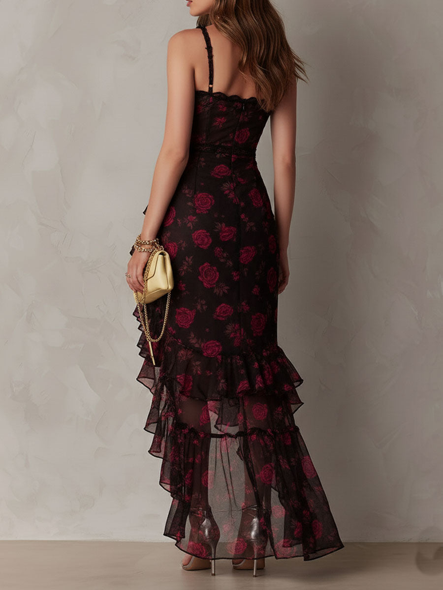 Vestido elegante negro y rojo con estampado floral, fruncidos y dobladillo con volantes