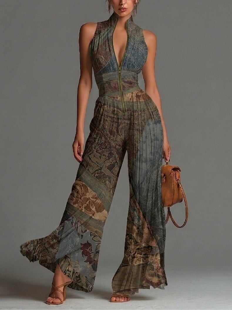 Mono boho con estampado étnico, sin mangas, de muselina, con perneras anchas y plisado
