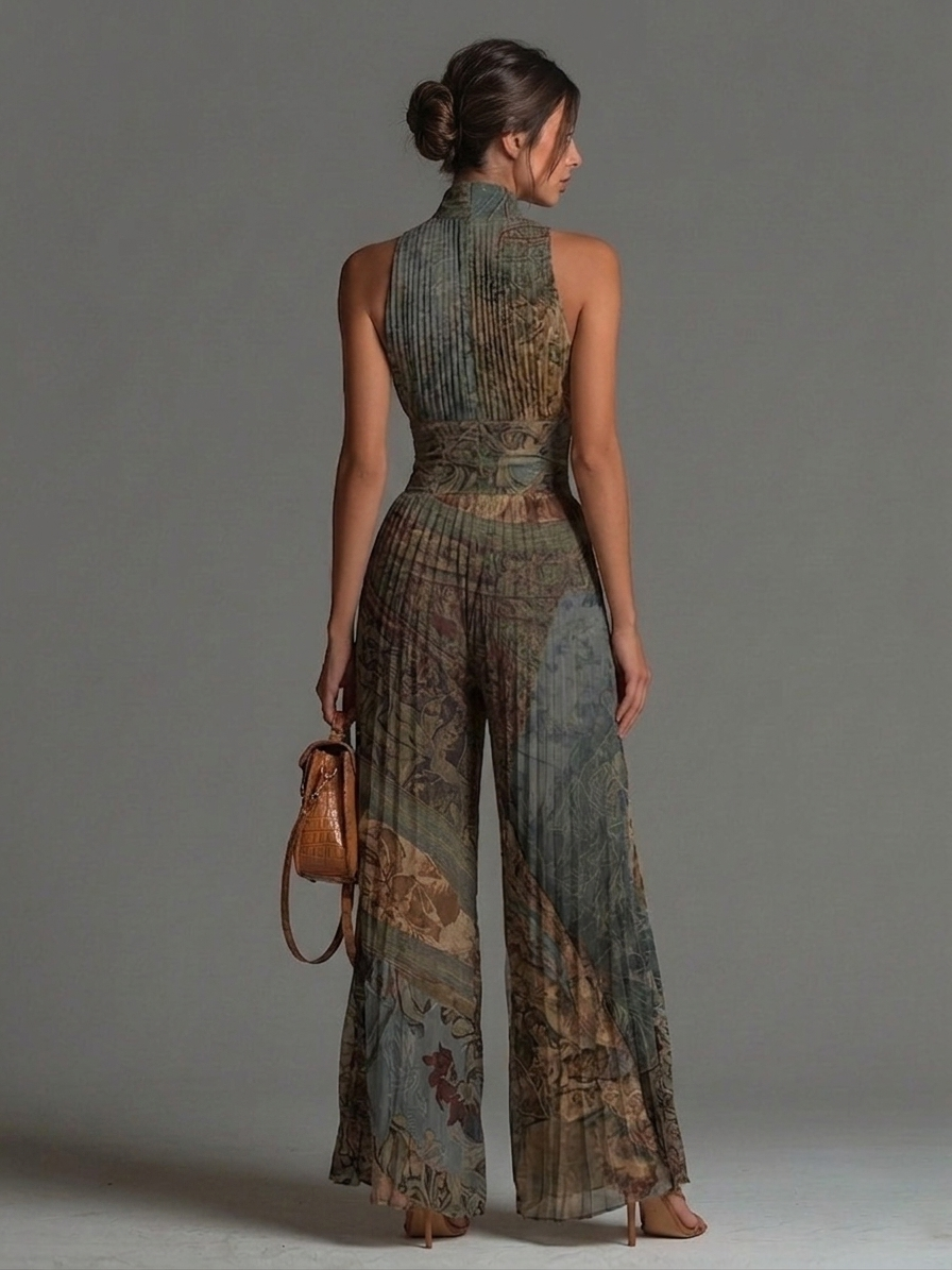 Mono boho con estampado étnico, sin mangas, de muselina, con perneras anchas y plisado