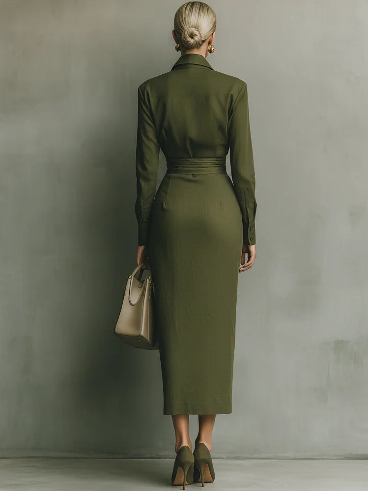 Vestido largo de algodón mezclado en verde militar