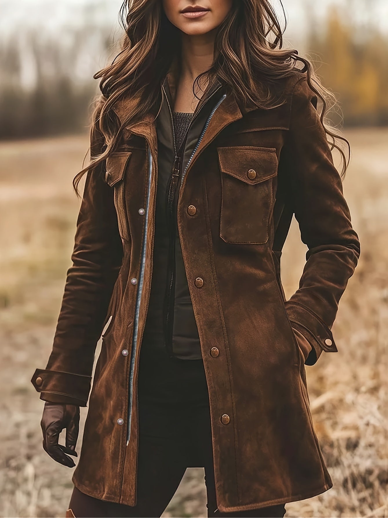 Chaqueta abrigada de cuero vintage con cuello de solapa y largo medio