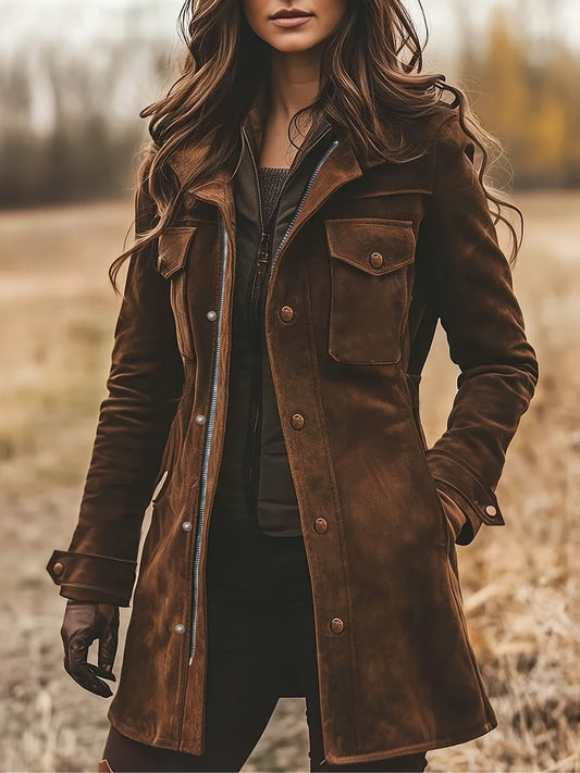 Chaqueta abrigada de cuero vintage con cuello de solapa y largo medio