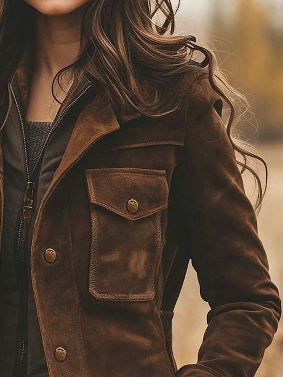 Chaqueta abrigada de cuero vintage con cuello de solapa y largo medio