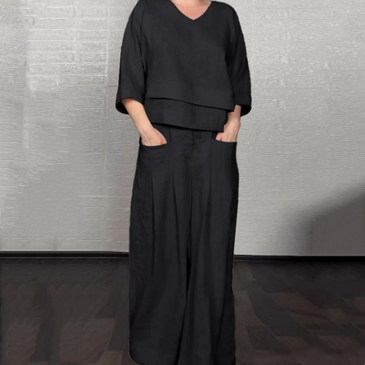 💎 Conjunto de dos piezas de algodón y lino con dobladillo irregular: top con cuello en V + pantalones anchos, transpirables y con un estilo desenfadado 🍂👚