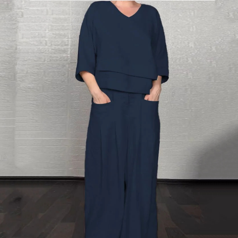 💎 Conjunto de dos piezas de algodón y lino con dobladillo irregular: top con cuello en V + pantalones anchos, transpirables y con un estilo desenfadado 🍂👚