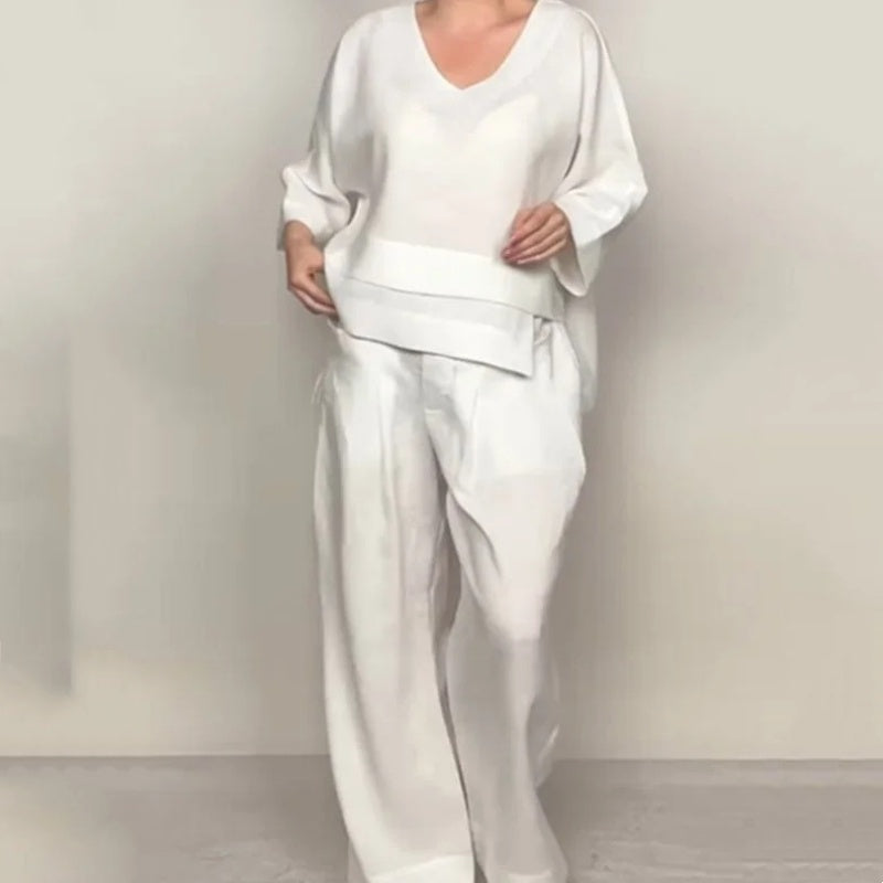 💎 Conjunto de dos piezas de algodón y lino con dobladillo irregular: top con cuello en V + pantalones anchos, transpirables y con un estilo desenfadado 🍂👚