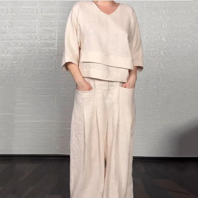 💎 Conjunto de dos piezas de algodón y lino con dobladillo irregular: top con cuello en V + pantalones anchos, transpirables y con un estilo desenfadado 🍂👚