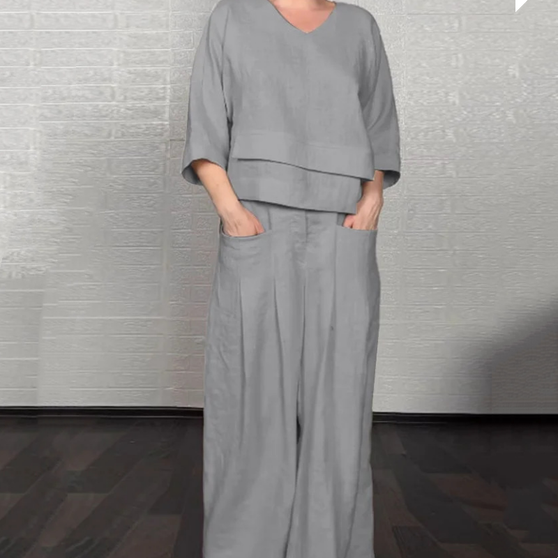 💎 Conjunto de dos piezas de algodón y lino con dobladillo irregular: top con cuello en V + pantalones anchos, transpirables y con un estilo desenfadado 🍂👚