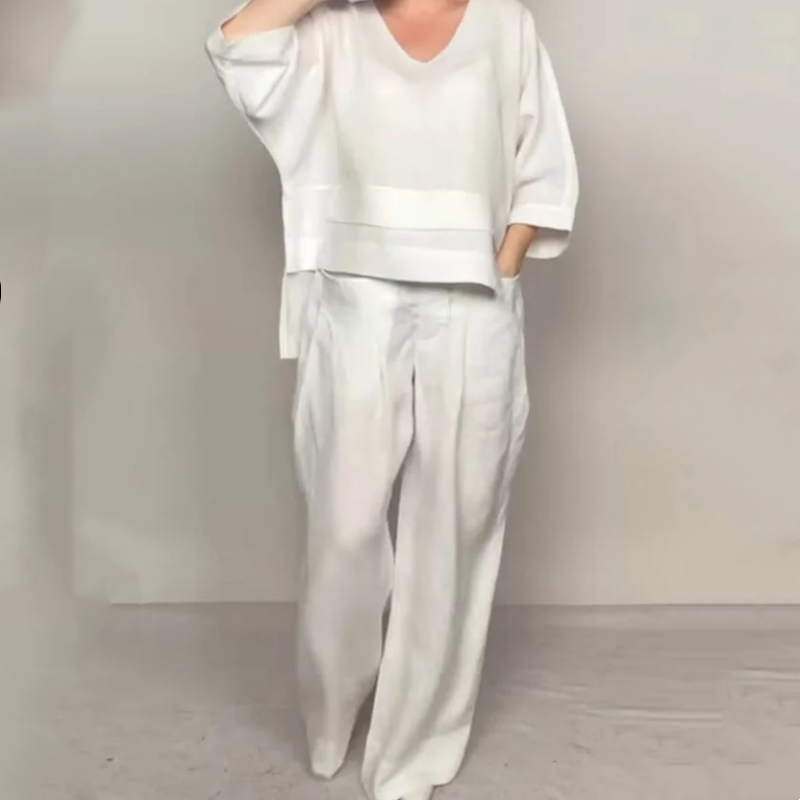 💎 Conjunto de dos piezas de algodón y lino con dobladillo irregular: top con cuello en V + pantalones anchos, transpirables y con un estilo desenfadado 🍂👚