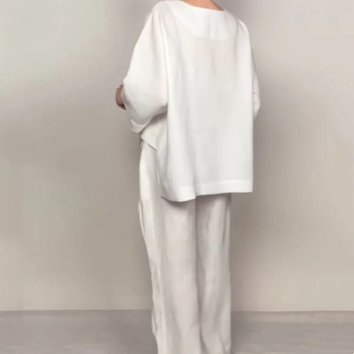 💎 Conjunto de dos piezas de algodón y lino con dobladillo irregular: top con cuello en V + pantalones anchos, transpirables y con un estilo desenfadado 🍂👚