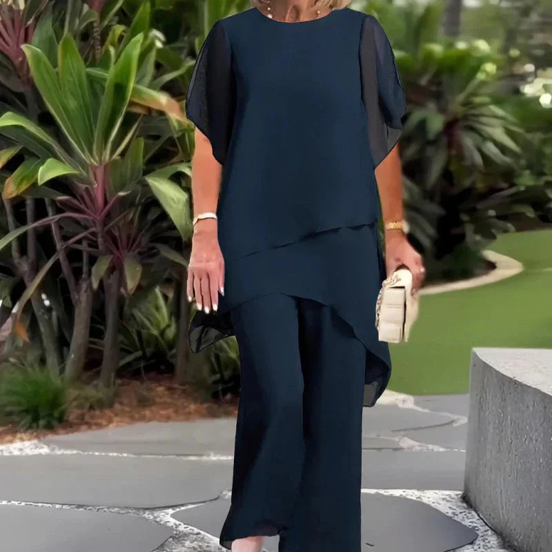 Conjunto de dos piezas para mujer: un top asimétrico con mucho encanto y unos pantalones de pierna ancha