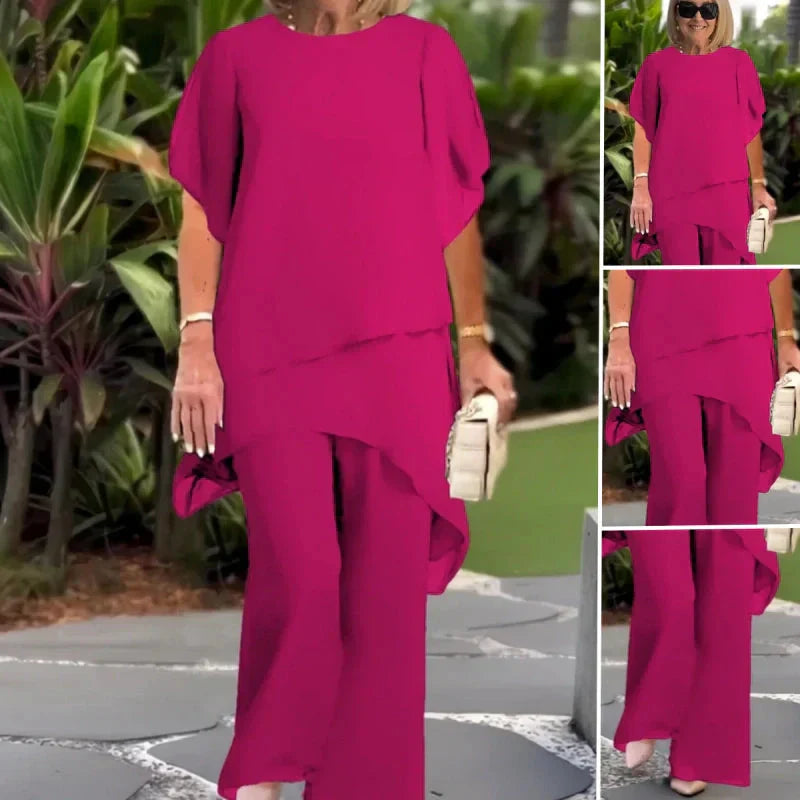 Conjunto de dos piezas para mujer: un top asimétrico con mucho encanto y unos pantalones de pierna ancha