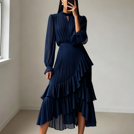 Vestido midi plisado para mujer con volantes y escote en forma de ojo de cerradura