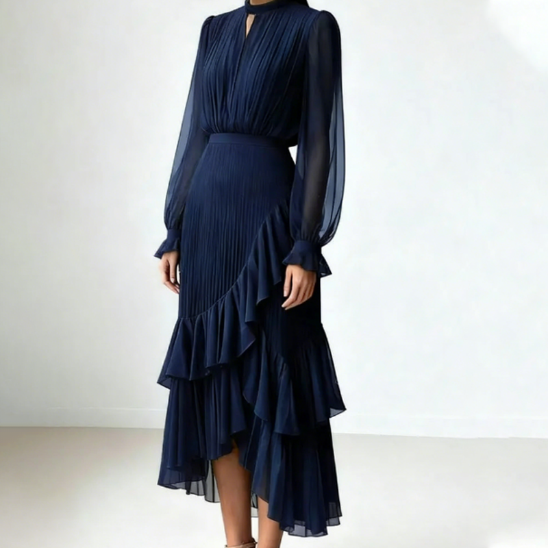 Vestido midi plisado para mujer con volantes y escote en forma de ojo de cerradura