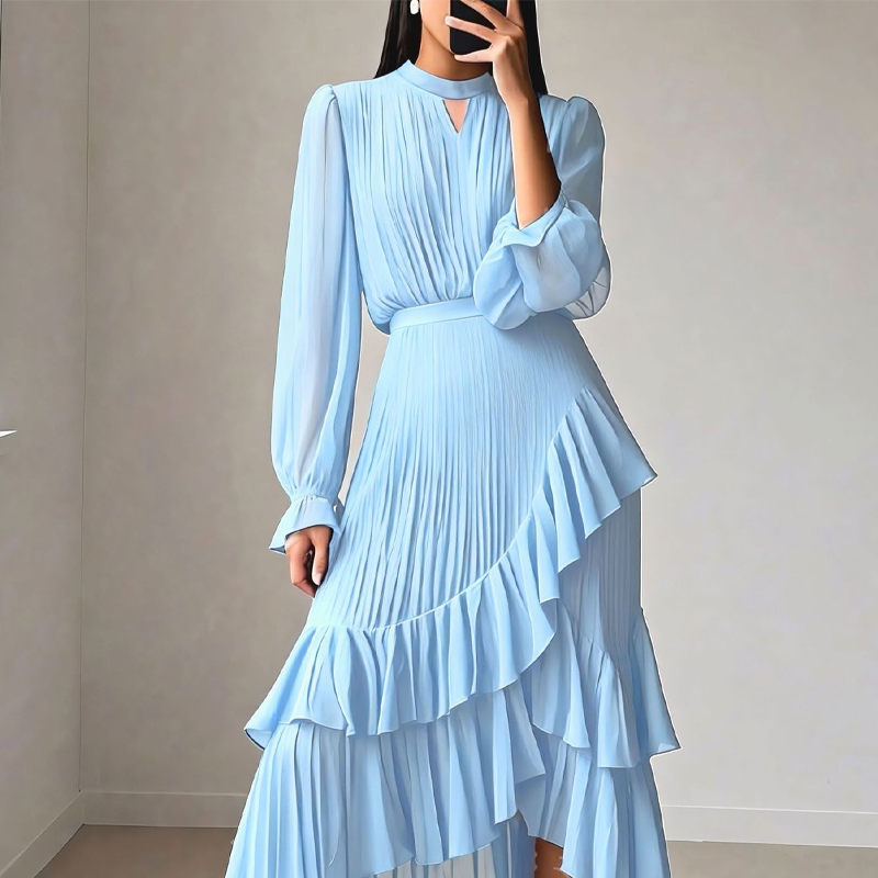 Vestido midi plisado para mujer con volantes y escote en forma de ojo de cerradura