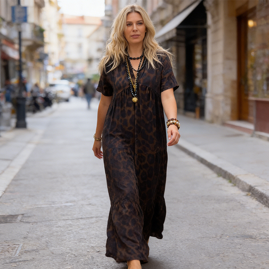 Vestido largo de mujer con cuello en V y estampado de leopardo📦Envío gratuito🔥
