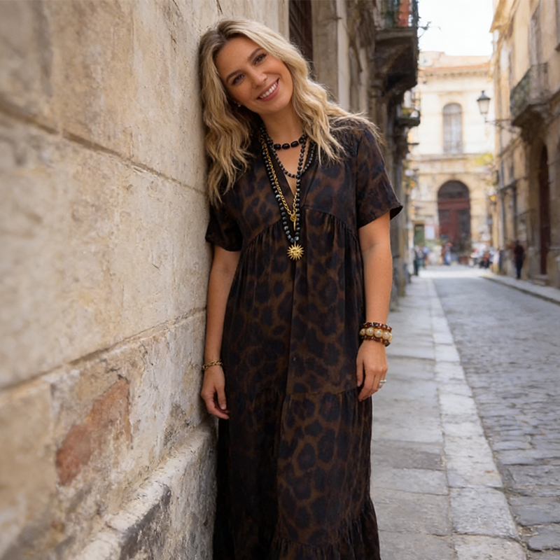 Vestido largo de mujer con cuello en V y estampado de leopardo📦Envío gratuito🔥