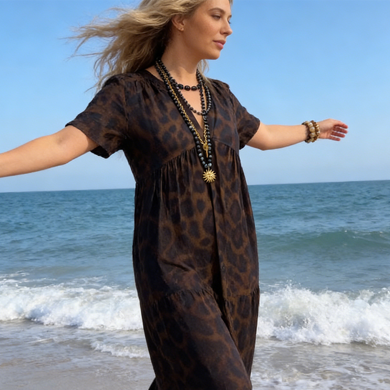 Vestido largo de mujer con cuello en V y estampado de leopardo📦Envío gratuito🔥
