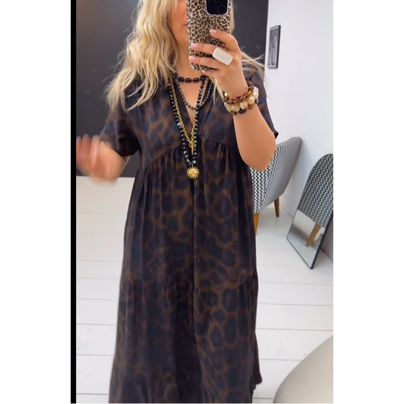 Vestido largo de mujer con cuello en V y estampado de leopardo📦Envío gratuito🔥